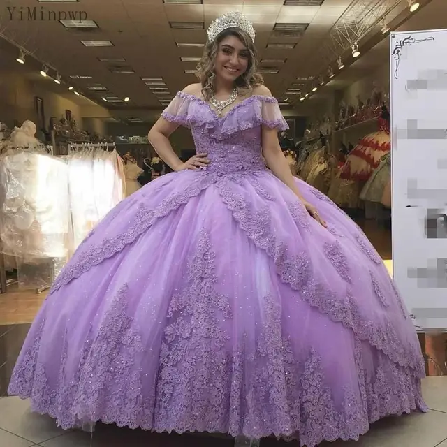 YiMinpwp Lilac Ball Gown Quinceanera Dresses Off Shulder Lace up Back Sweep Train Appliques Beads Long Fromal Prom Gowns Same as Picture