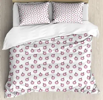 

Donuts Duvet Cover Set Yummy Smiling Doughnuts with Crowns 3 Piece Bedding Set White Baby Pink