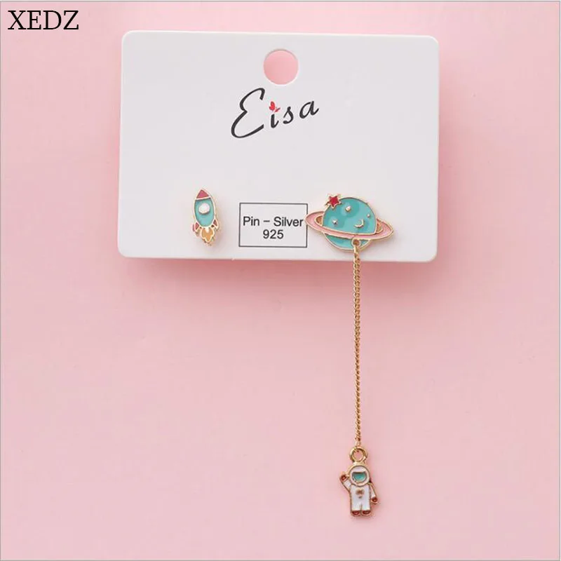 XEDZ New Butterfly UFO Rocket Planet Unicorn Pink Naughty Leopard Chain Irregular Earring Fashion Cute Animal Earring Girlfriend - Окраска металла: Style2