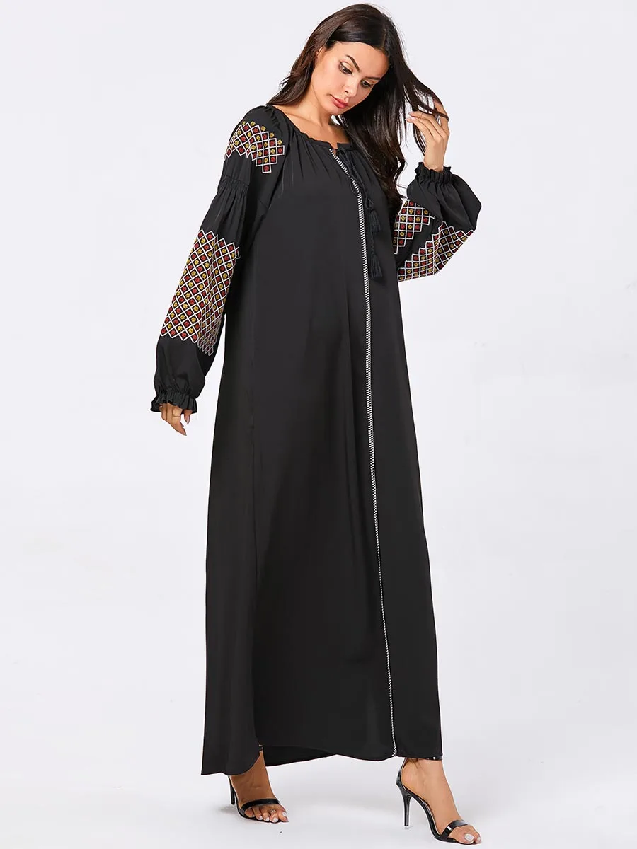 Siskakia размера плюс длинное платье макси для женщин мусульманская геометрическая вышивка Повседневные платья абайя черная Арабская одежда осень