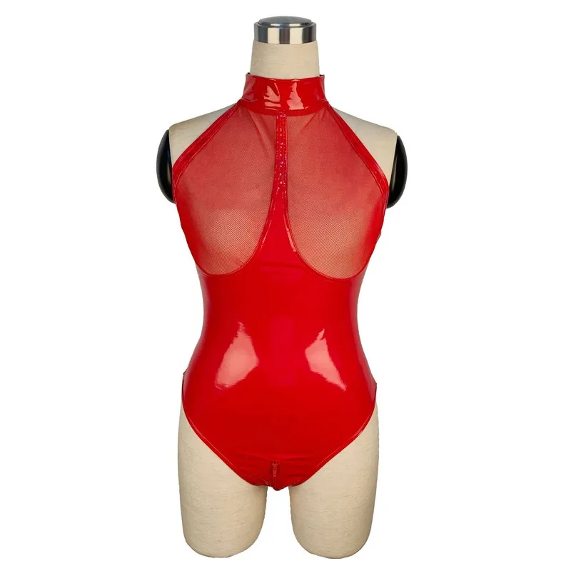 Red Lace-Up Vinyl Bodysuit, Laced-Up Bodysuit 