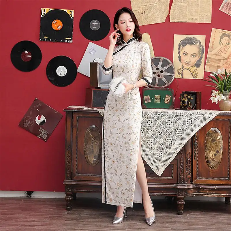 Винтажный китайский воротник Qipao женское с новогодней елкой, бумажный платье кружевной отделки с принтом атласное платье M-4XL