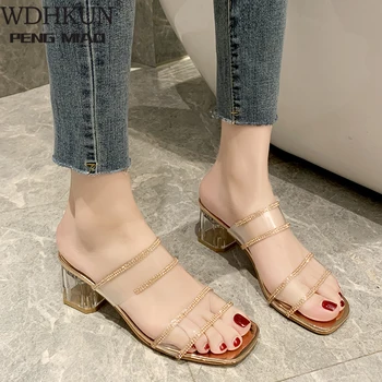 

WDHKUN Sandals Female Summer American Temperament Joker Simple Thick Heel Sexy Toe with Crystal Shoes Half Drag Slippers Women