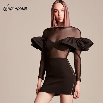

2020 Autumn Women'S New Black Long-Sleeved Ruffled Perspective Mesh Cloth Patchwork Bandage Dress Bodycon Fashion Party Dress