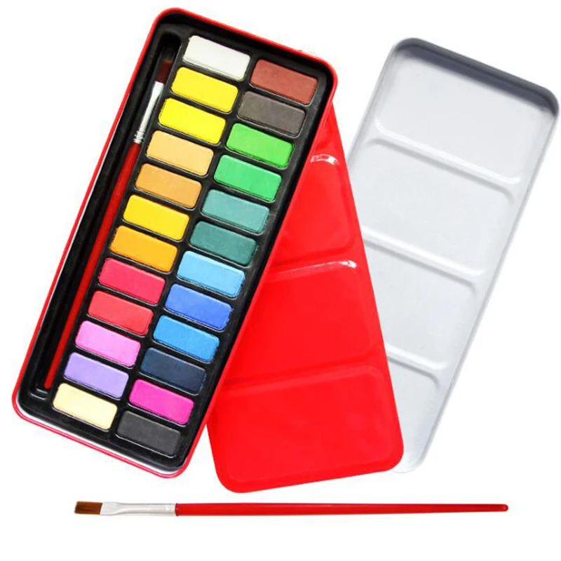 

12/18/24 Colors Portable Travel Solid Pigment Iron Box Watercolor Paints Set With Water Color Brush Pen For Drawing Painting