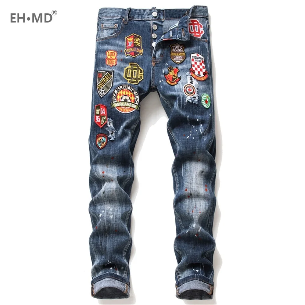 EH · MD® Football Club Micro Chapter Jeans Men's Embroidery Scratched Ripped Trousers Painted Letters Slim Cotton Red Ears Soft EH · MD® Football Club Micro Chapter Jeans Men's Embroidery Scratched Ripped Trousers Painted Letters Slim Cotton Red Ears Soft