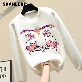 

Sweatshirt Woman Spring Autumn New Women's Cartoon Embroidered BF Loose Pullover Hoodies Girls Ladies Red Hoodies