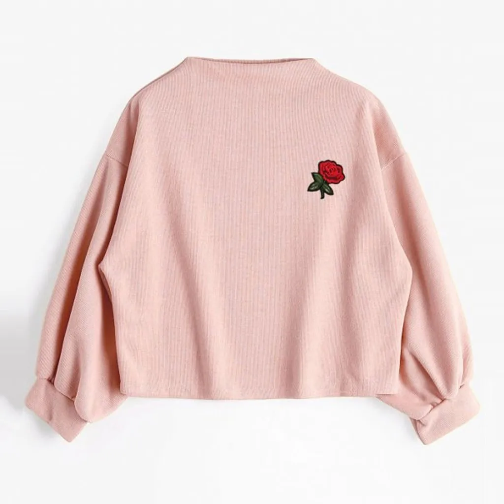 JAYCOSIN Fashion Women Casual Simple Solid Color Flower Embroidery Strappy Loose Hoodie Sweatshirt Comfortable Soft Blouse 