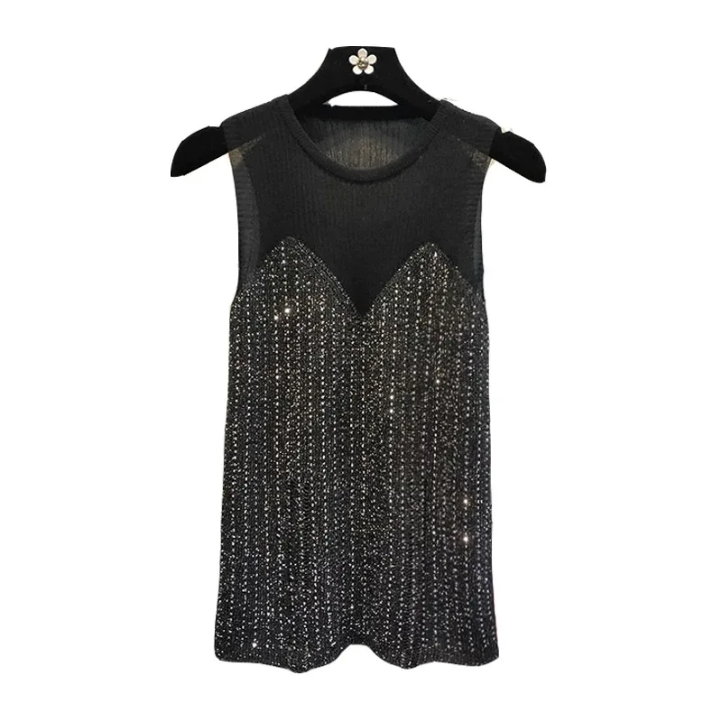 

t shirt women tshirt aesthetic clothes shiny beading tee sexy rivet sleeveless streetwear black t-shirt fashion