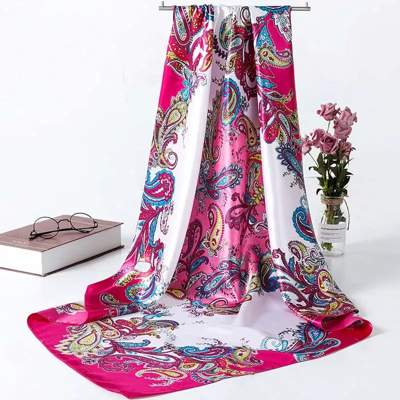 Большой размер 90*90 см, мягкий 1 шт., удобный 12 цветов, цветочный модный платок, атласные шарфы-шали, имитированный шелковый шарф - Цвет: Rose red A