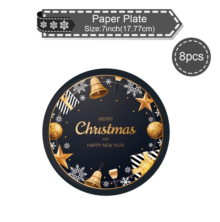 PATIMATE Black Gold Tableware Christmas Tableware Merry Christmas Decoration For Home Table Happy New Year Decor Navidad - Цвет: 7inch Paper Plate