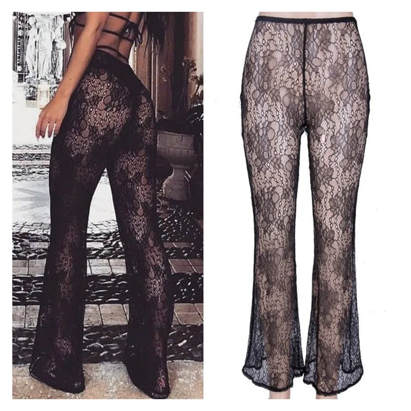 

Goocheer 2019 Women Lace See Through Sexy High Waist Flared Trousers Beach Summer Holiday Mesh Long Pants