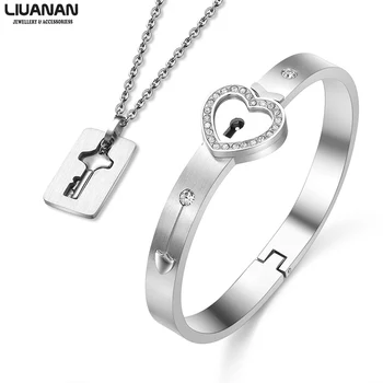 

Couple Jewelry Sets for Lovers Stainless Steel Love Concentric Lock Key Bracelets Key Pendant Necklace Couples Relationship Gift