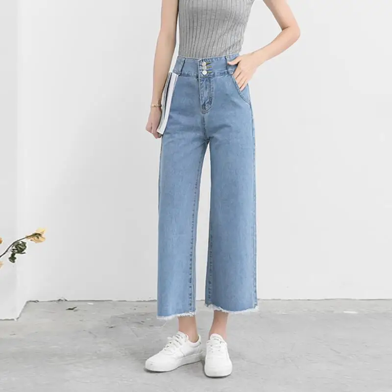 light blue Летние корейские женские джинсы с высокой талией и широкими штанинами, свободные женские джинсовые брюки длиной до щиколотки с пуговицами, синие повседневные брюки - Цвет: light blue