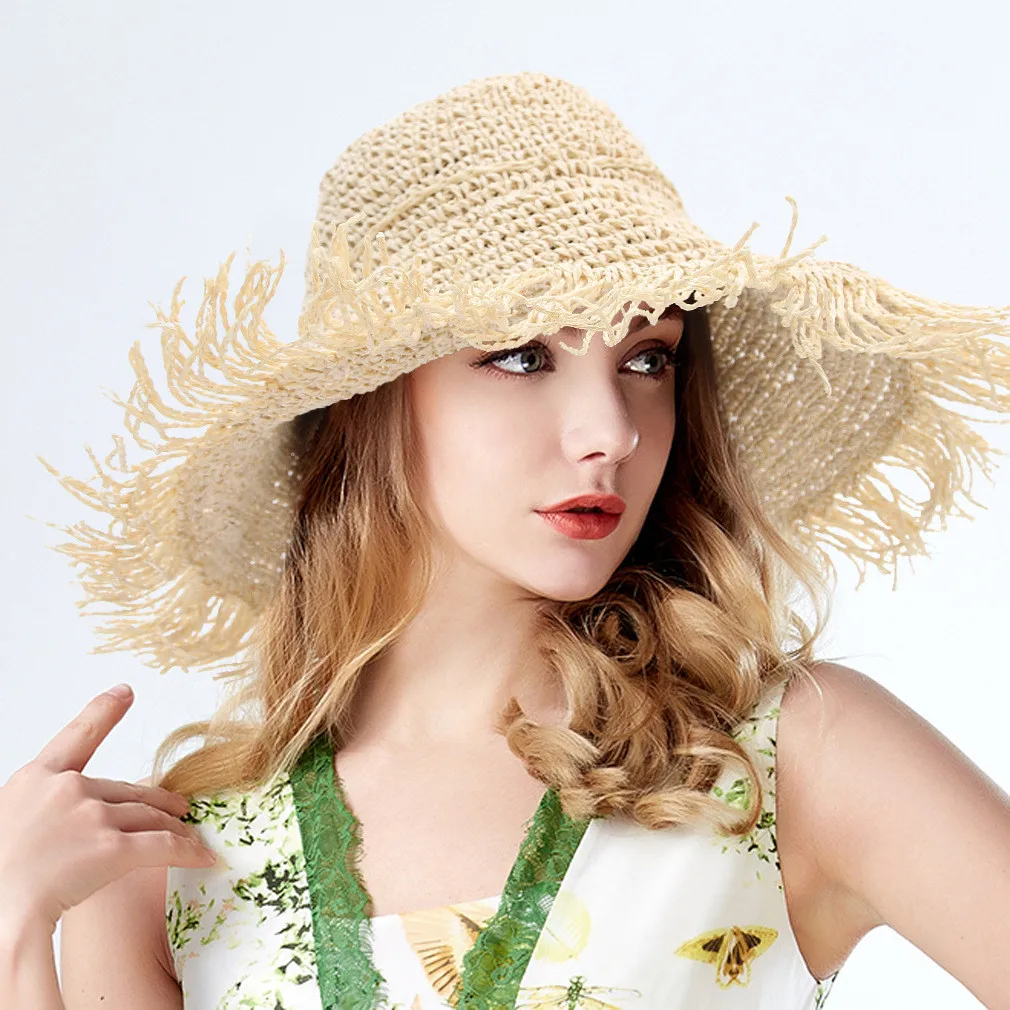 

Hot Sale Lady Straw Hat Women Summer Sun Visor Wide Brimmed Floppy Bucket Cap Female Hat Straw Beach d1