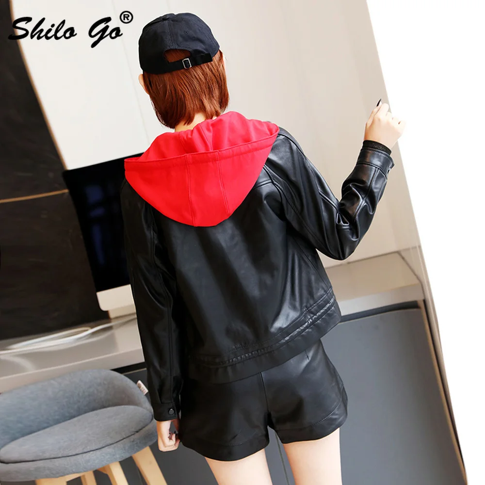 Genuine Leather Jacket Highstreet Drawstring Red Hooded Baseball Jacket Coats Women Autumn Casual Black Solid Zip Outwear Coats