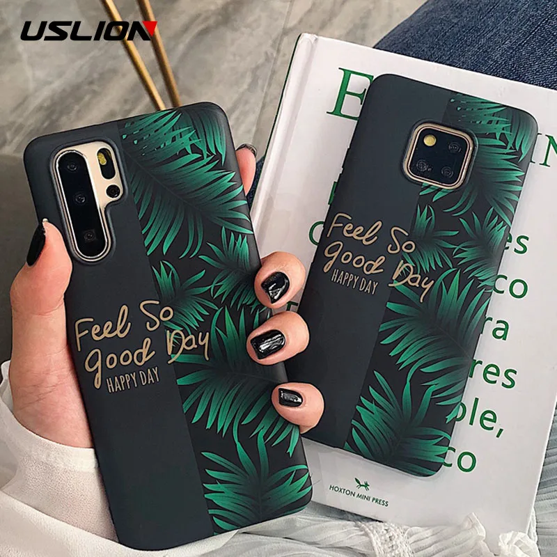

USLION Green Banana Leaves Pattern Case for Huawei P30 Pro P20 Mate 20 Nova 4 5 Letter Soft Phone Case For Honor 10 20 Pro Cover