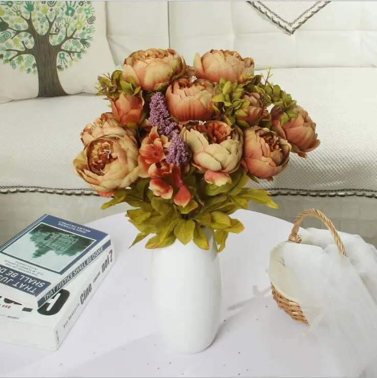 Европейский сердечник пион высшего класса имитация цветок искусственный букет цветов Свадебные украшения по оптовой цене шелковая ткань 13 цветов/пучок - Цвет: Coffee