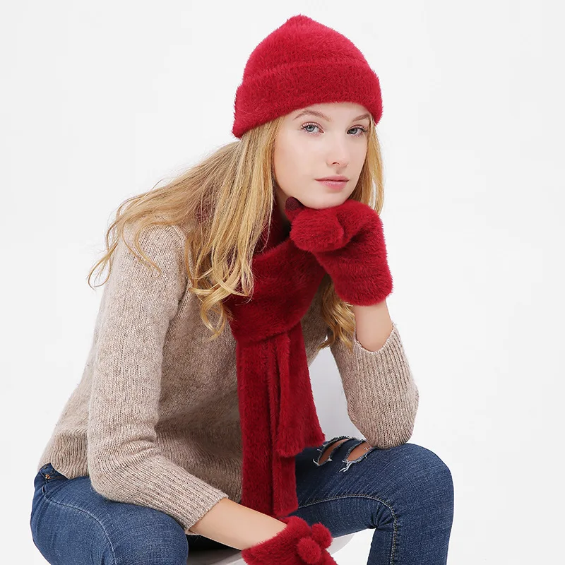 Мягкая Меховая зимняя шапка и шарф-перчатка, комплект для женщин, Классическая утолщенная шерсть, вязаные шапки и зимние тёплые шарфы, Шапка-бини