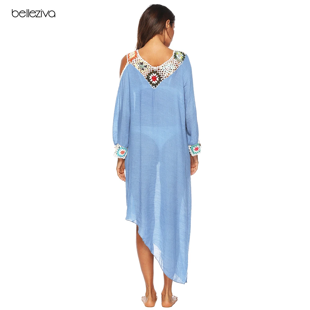 Belleziva Women Irregular Crochet Flower Beach Cover-up Single Strapless Stitching V-neck Long Sleeve Dress