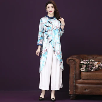

Spring Summer Big Wide Leg Pants Silk 2 Piece Dresses Suit Casual Fashion Chinese Style Print Vestidos Elegantes Plus Size 6xl