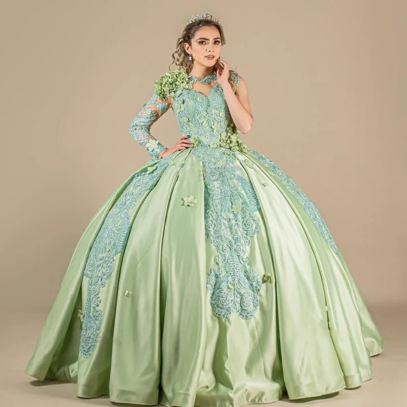 Атласные платья для Quinceanera с кружевной аппликацией на одно плечо 2021 мятно-зеленое