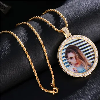 

Custom Photo Necklace Round Pendant Cubic Zircon Gold Chain Luxury Hip Hop Rock Men&Women Couple Gift Jewelry