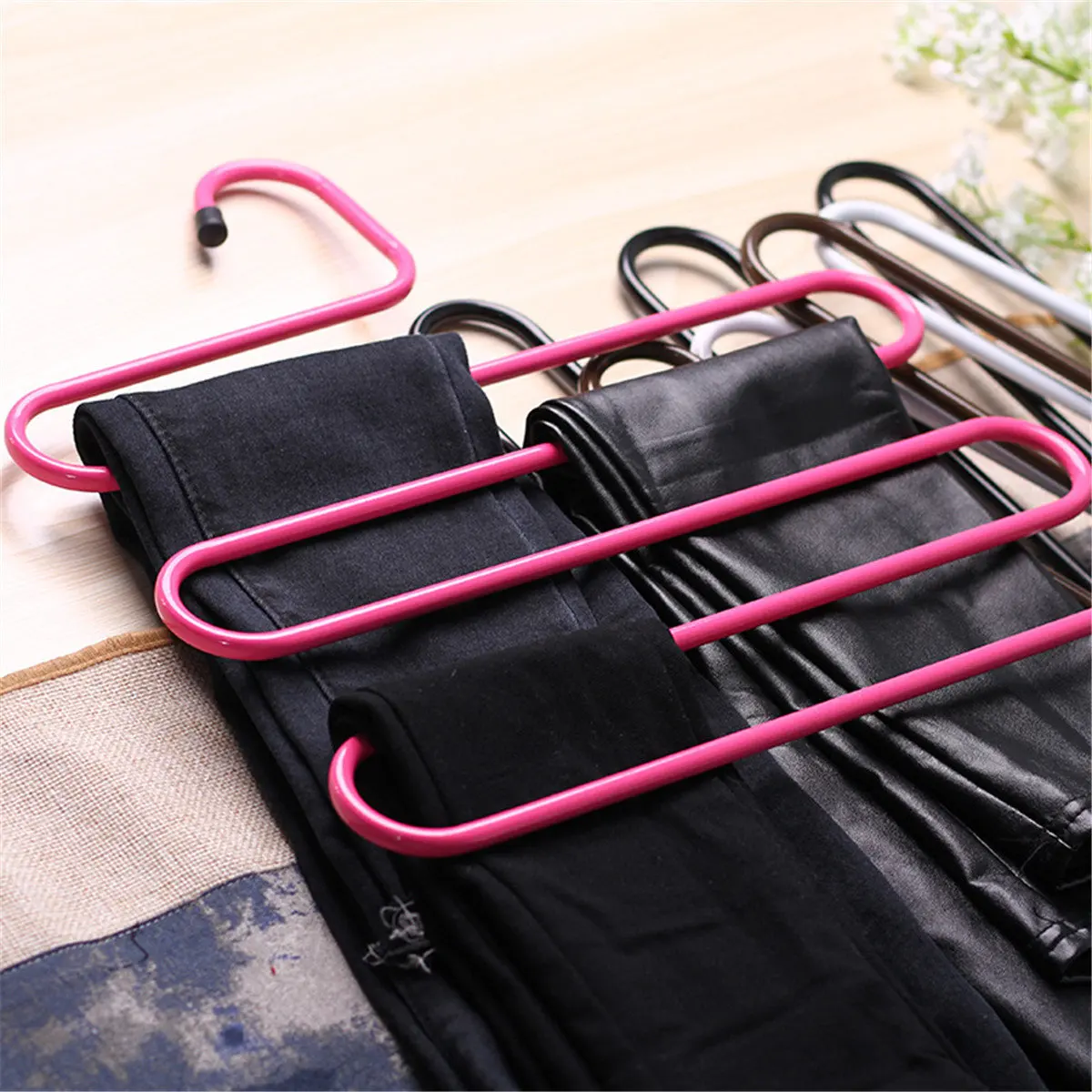 S Type Metal Magic Pants Rack Organizer Multifunction Anti-slip Ties Clothes Storage Rack Holder 5 Bars Wardrobe Hanger 3 Colors