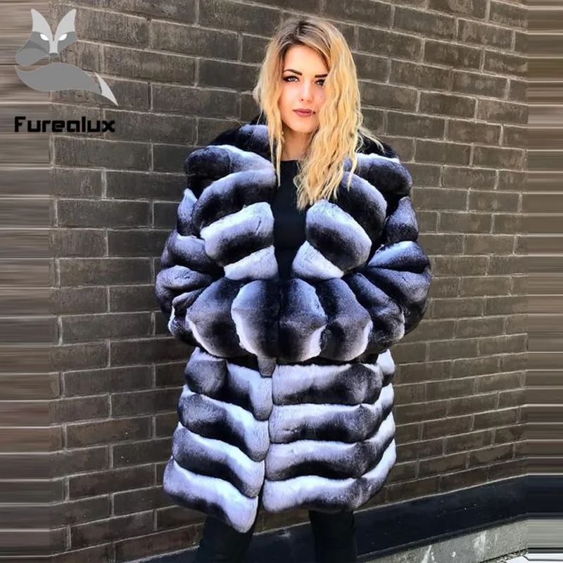 Furealux зима стиль женское натуральное меховое пальто с меховым капюшоном модная куртка с мехом кролика рекс Толстая теплая Роскошная Шуба из кролика рекс