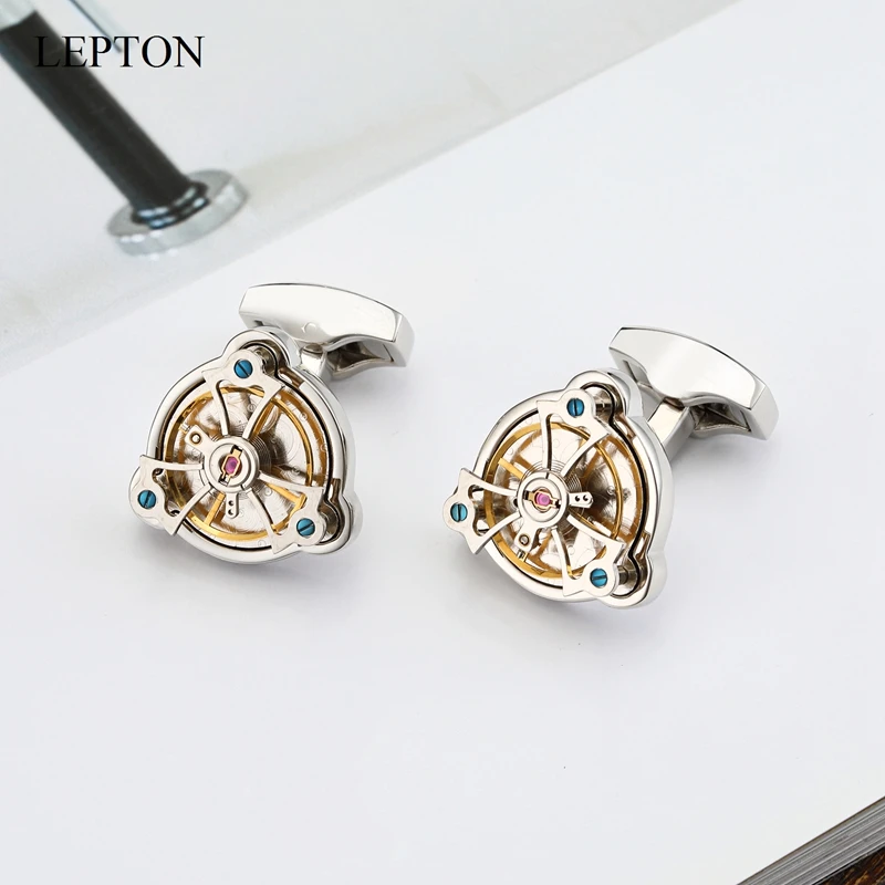 Lepton Watch Tourbillon Movement Cufflinks For Mens Wedding Groom Silver Color Triangle Business Cufflink Best Gift Drop Shiping