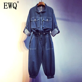 

[EWQ] 2020 Spring Autumn New Patchwork Loose With Pockets Full Sleeve Lapel Collar Casual Women's Fashion Denim Jumpsuit TX612