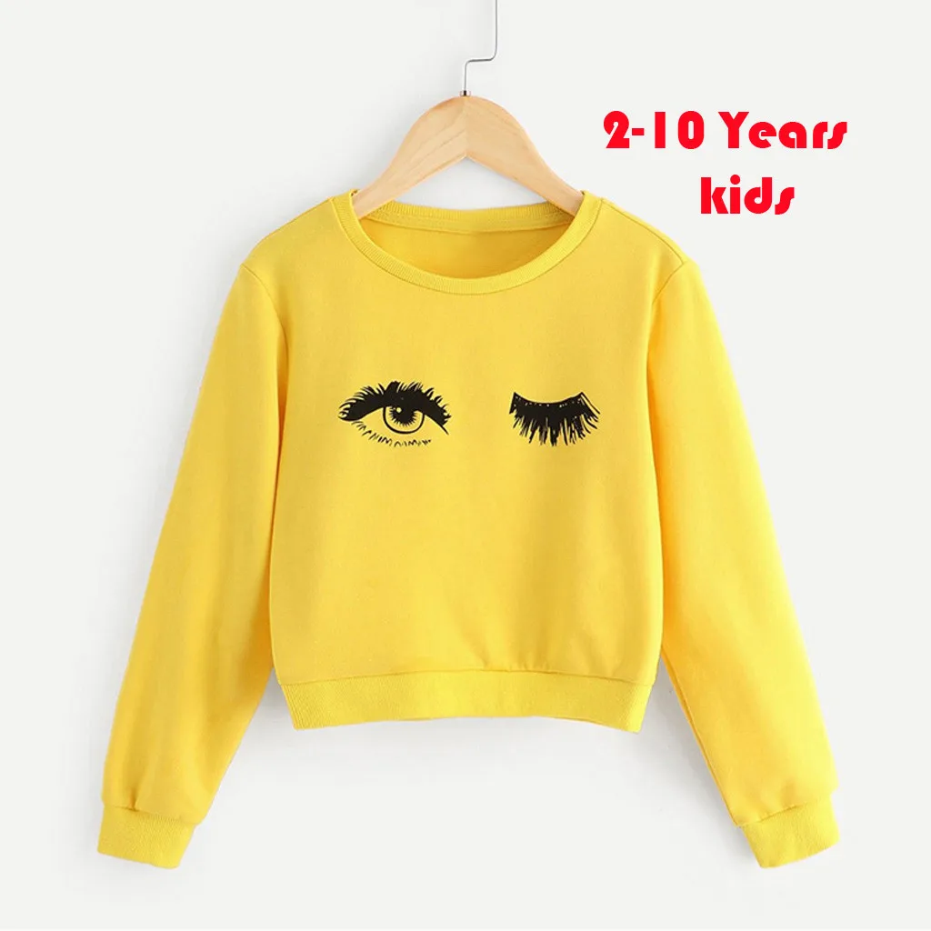 Letter Eye Print Girls Crop Hoodies Pullover Tops Autumn Korean Fashion Long Sleeve Crop Sweatshirts For Girl Kids Clothes