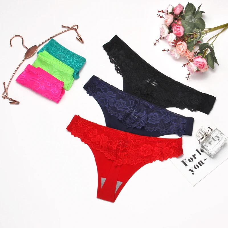 3Pcs/Set Sexy G-String Ice Silk Transparent Lace Panties Women Underwear Low Waist Female Fashion Panty Women's Lingerie Tanga