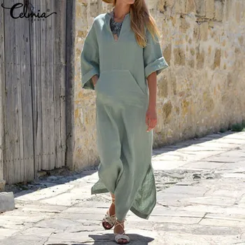

2020 Celmia Summer Vintage Women Maxi Long Dress Autumn Sexy V Neck Long Sleeve Split Casual Loose Linen Vestidos Kaftan S-5XL