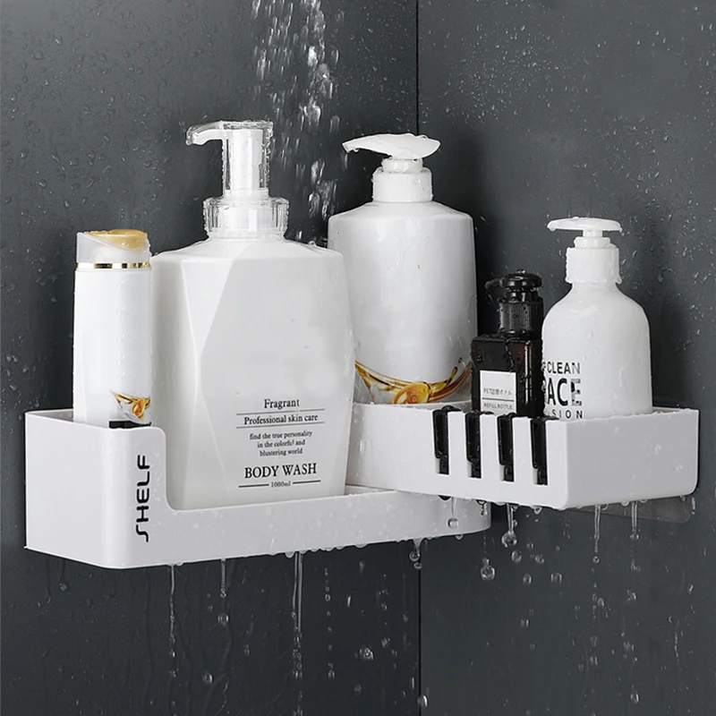 욕실 코너 선반 샤워 샴푸 주최자 욕실 바구니 4 후크와 드릴링없이 회전 주방 스토리지