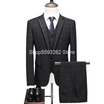 

Men Grid Suit Suit Three-piece Set Business Leisure Youth Suit Suit 8632