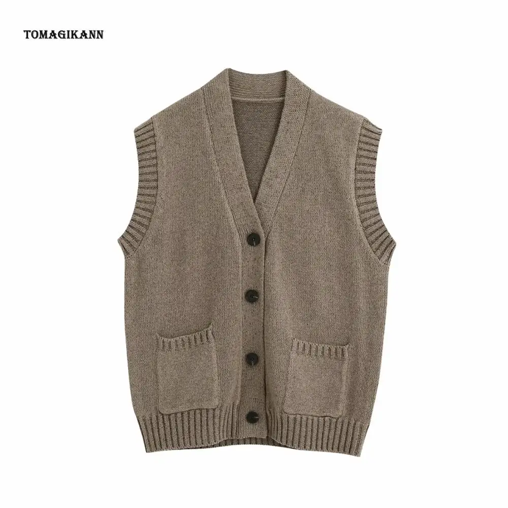 

Women Sweater Vest 2020 Vintage Solid V Neck Single Breasted Knitted Cardigan Vests Casual Pockets Loose Sleeveless Waistcoat
