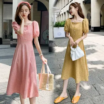 

Mother Feeding Clothes Postpartum New Korean Version Bubble Sleeve Elegant Waist Slimming Plaid 2020 Summer Women