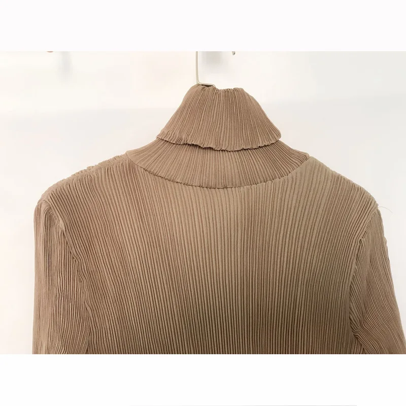 Miyake раза Высокий воротник утолщенная футболка осень большой размер тонкая отделка женский двойной Топ