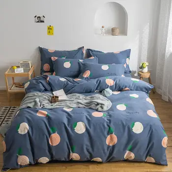 

Striped lattice fruit plant leaves pattern Printed 3/4pcs Bedding set 100% pure cotton bed sheet bedspread cover set