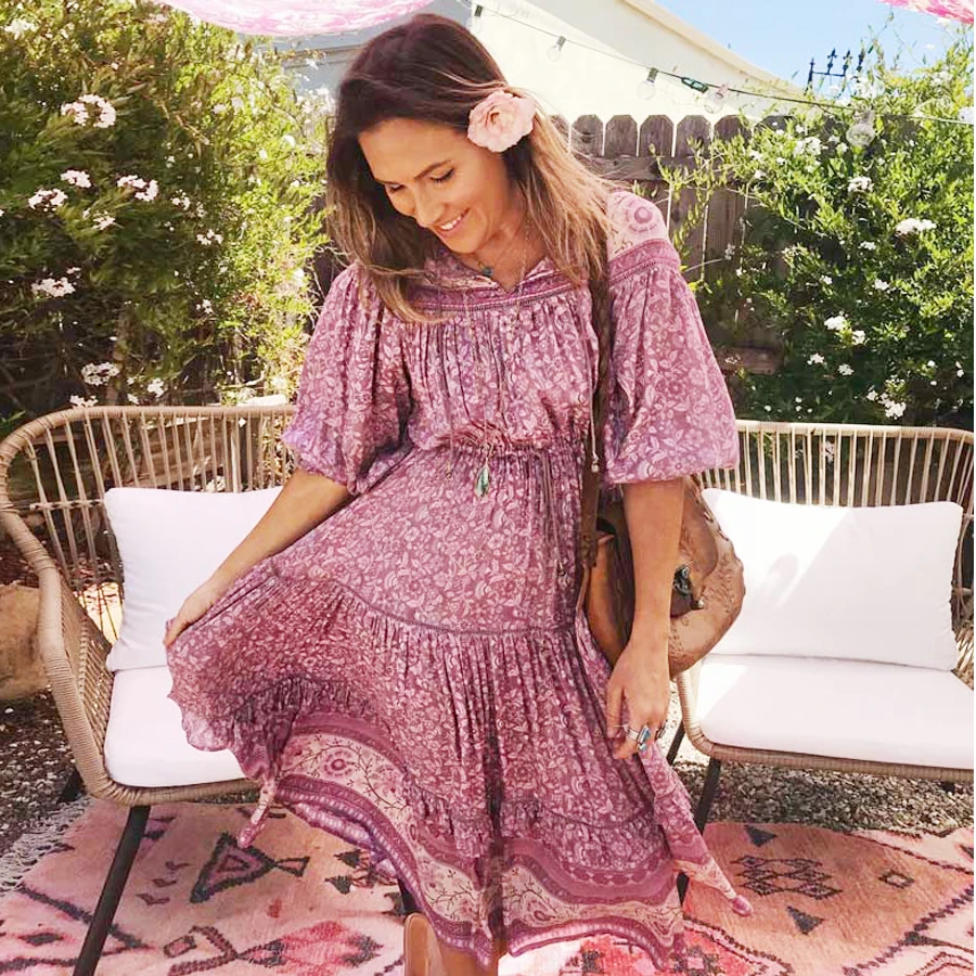 

TEELYNN maxi women dresses rayon pink floral print Gypsy Dresses long sleeve Drawstring waist dresses Autumn boho dress Vestidos