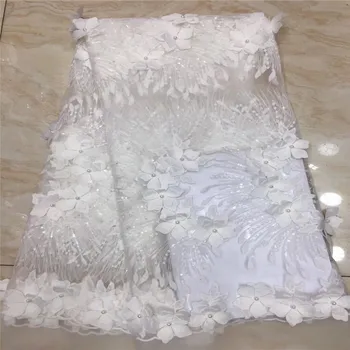 

3D Flower white African Net beads Lace Sequins Embroiderd High Quality French Lace Fabric Nigerian Lace Fabric For Wedding