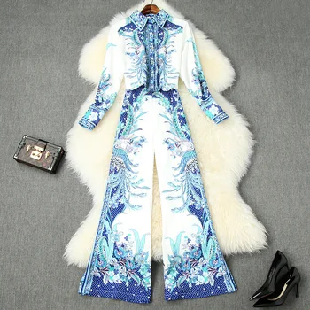 

Women fashion 2020 spring summer two piece set blue white porcelain print shirts tops wide leg pants suit trousers designer