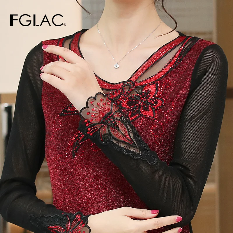 Blusas mujer de moda, осенне-зимняя блузка с длинными рукавами, Женские топы и рубашки, элегантная тонкая женская блузка с бриллиантами, большие размеры