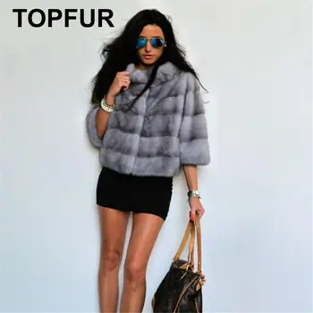 

TOPFUR 2019 Fashion Gray Mink Coat With Fur Collar Real Fur Coat Women Nine Quarter Aleeves Short Jacket Natural Mink Fur Coats