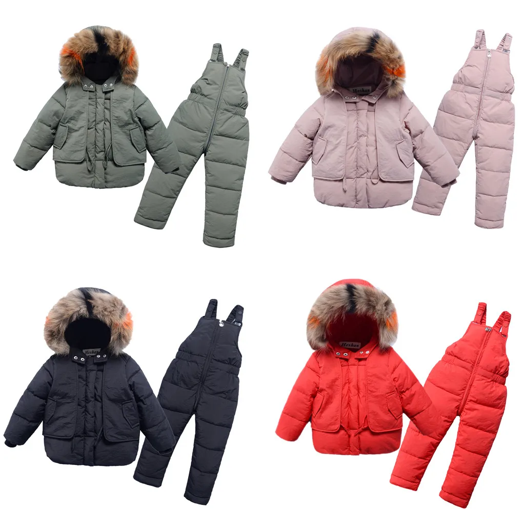 

Russian Winter Warm Snowsuit Set for Girl Boy Kids Thick Clothing Sets Faux FurHooded Jackets Overall Pants Girls Boys Overcoat