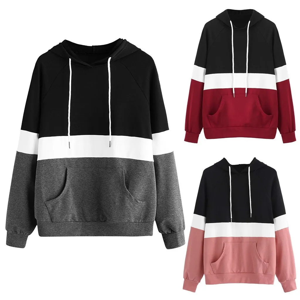  2019 Autumn Women Hoodie Casual Long Sleeve Color Block Hooded Pullover Sweatshirts Hooded Female J