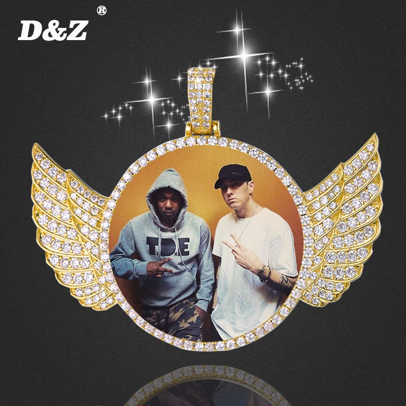 D&ampZ Custom Made Photo With Sngel Wings Necklace &amp Pendant Bling Iced Out CZ Necklaces For Men Women Personality Love Gift | Украшения