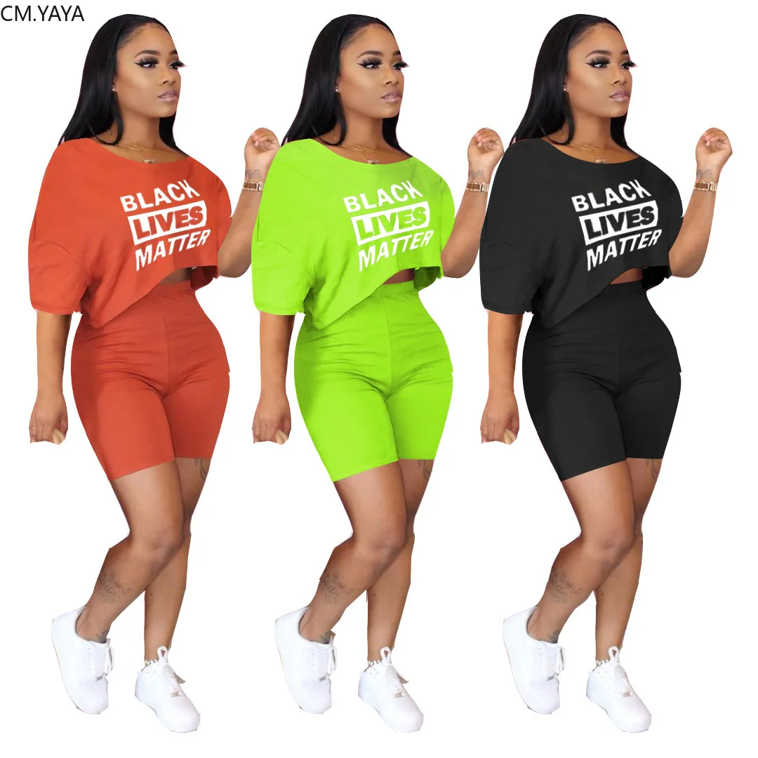 CM.YAYA Women Black lives matter print off shoulder tee tops shorts ...