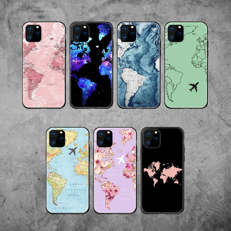 World Map Travel Passport Soft Silicone Black Phone Case Funda For iPhone 12 X XS XR Max Pro 6 5S 7 7Plus 8 8Plus | Мобильные